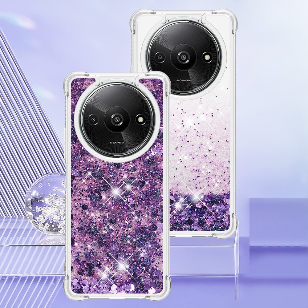 Glitter gélový presýpací obal na Xiaomi Redmi A3 - tmavofialový/srdiečka