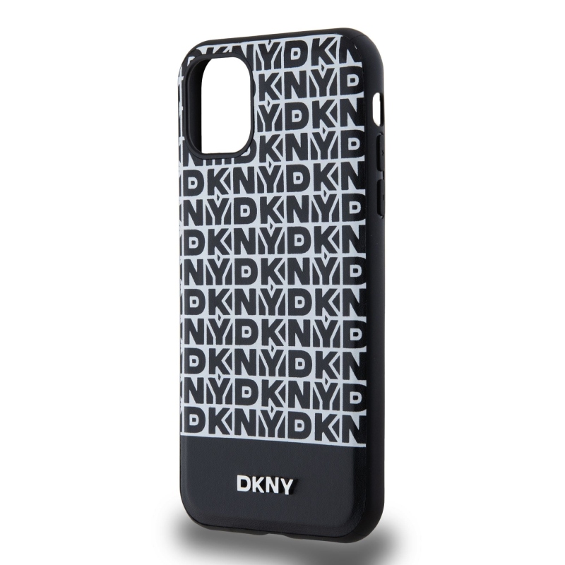 DKNY PU Leather Repeat Pattern Bottom Stripe MagSafe Zadný Kryt pre iPhone 11 Black