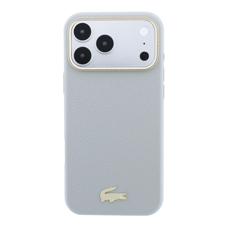 Lacoste PU kožený kryt Champs-Élysées so zlatým logom a MagSafe pre iPhone 18 Pro, svetlošedý