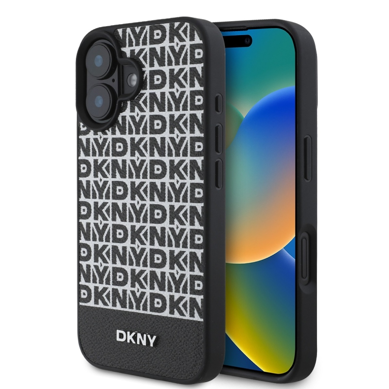 DKNY PU Leather Repeat Pattern Bottom Stripe MagSafe Zadný Kryt pre iPhone 16 Black