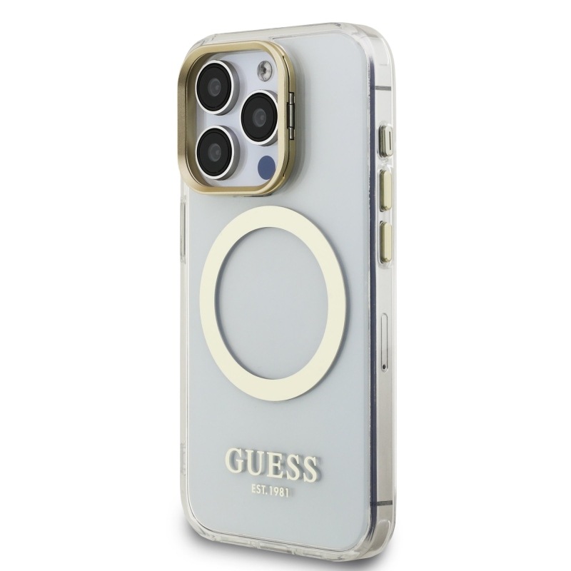 Guess IML Gold Outline Stand Camera Frame MagSafe Zadný Kryt pre iPhone 15 Pro Transparent