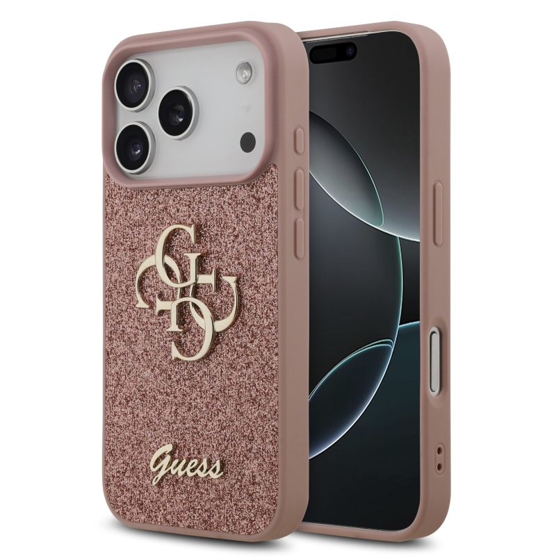 Guess PU pevný zadný kryt s kovovým logom 4G Glitter pre iPhone 17 Pro Pink
