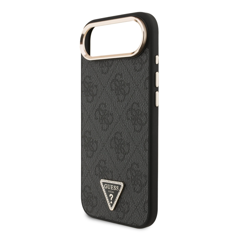 Guess PU kožený 4G štrasové trojuholníkové logo Gold Frame MagSafe zadný kryt pre iPhone Air Black