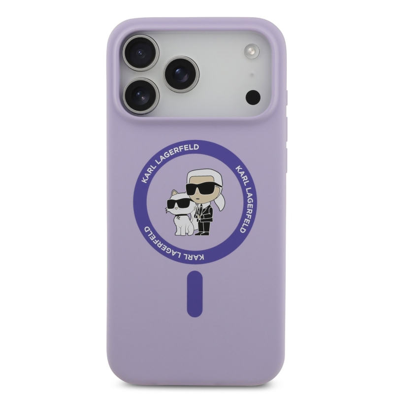 Tekutý silikónový kryt Karl Lagerfeld Karl and Choupette MagSafe Back Cover pre iPhone 17 Pro Max Purple