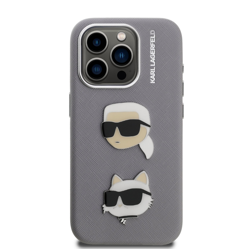 Karl Lagerfeld Grained PU K&CH Heads Zadný Kryt pre iPhone 15 Pro Max Grey