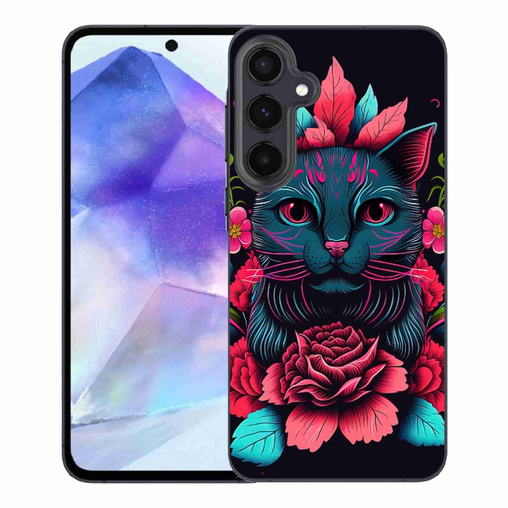 Gélový kryt mmCase na Samsung Galaxy A55 5G - kvety a mačka