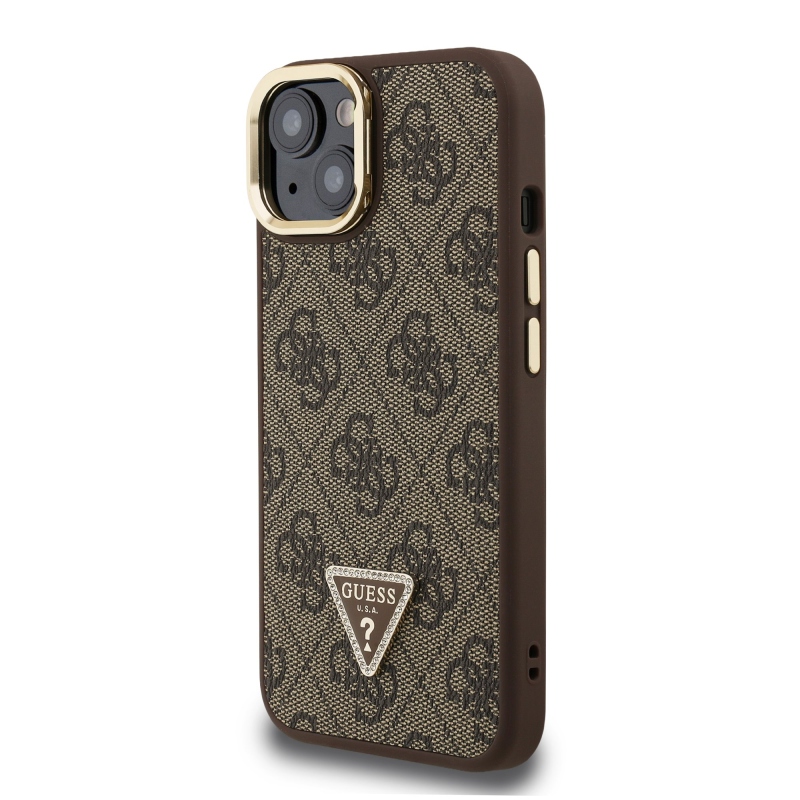 Guess PU 4G Strass Triangle Logo Stand Camera Frame MagSafe Zadný Kryt pre iPhone 14 Brown