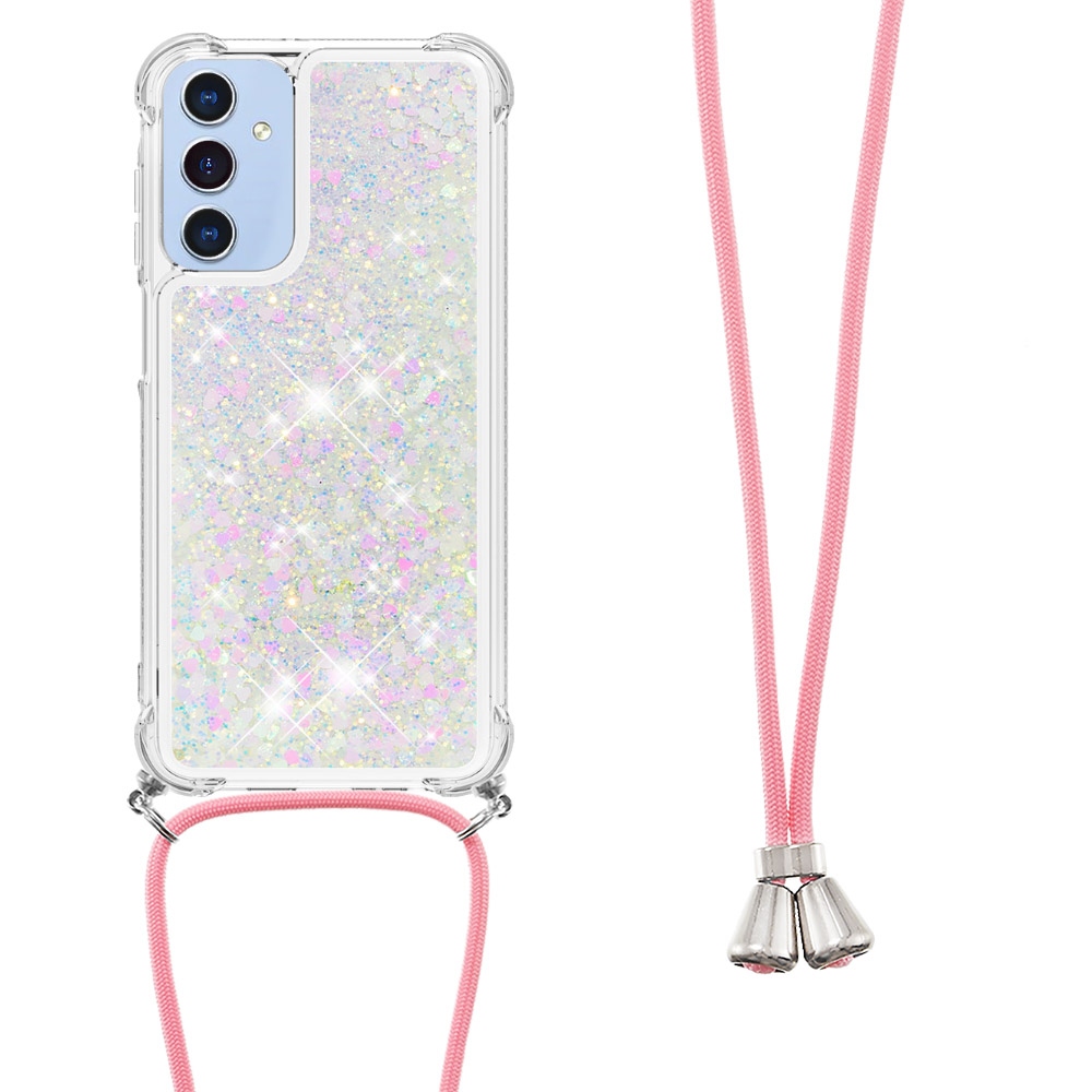 Glitters presýpacie gélový obal so šnúrkou na Samsung Galaxy A17 5G - ružovo strieborný/srdiečka