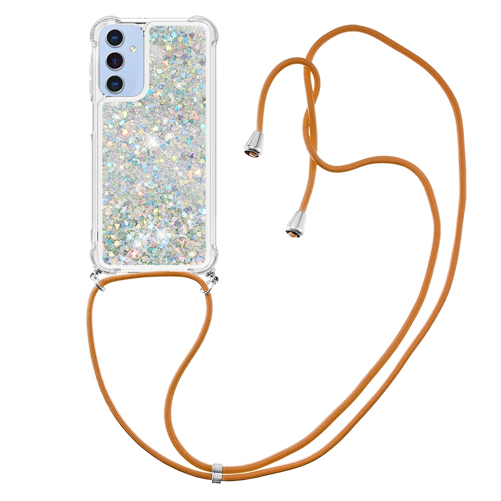 Glitters presýpacie gélový obal so šnúrkou na Samsung Galaxy A17 5G - strieborný/srdiečka