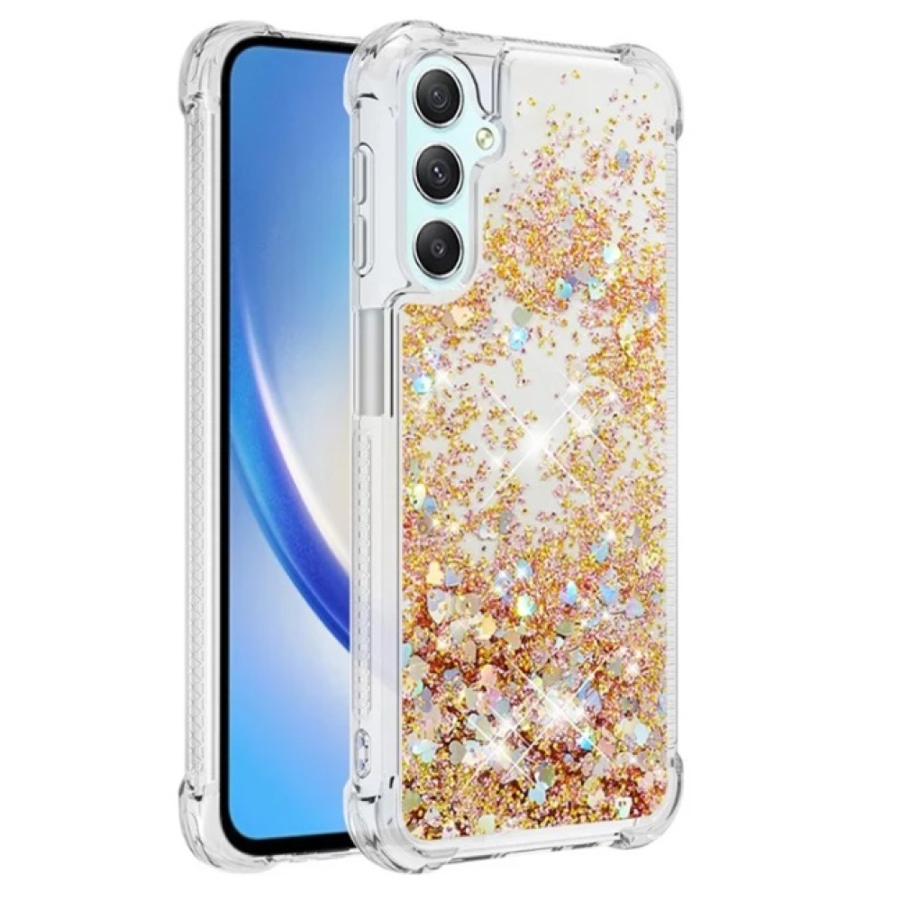 Glitter presýpacie gélový obal na Samsung Galaxy A24 - zlatý/srdiečka 