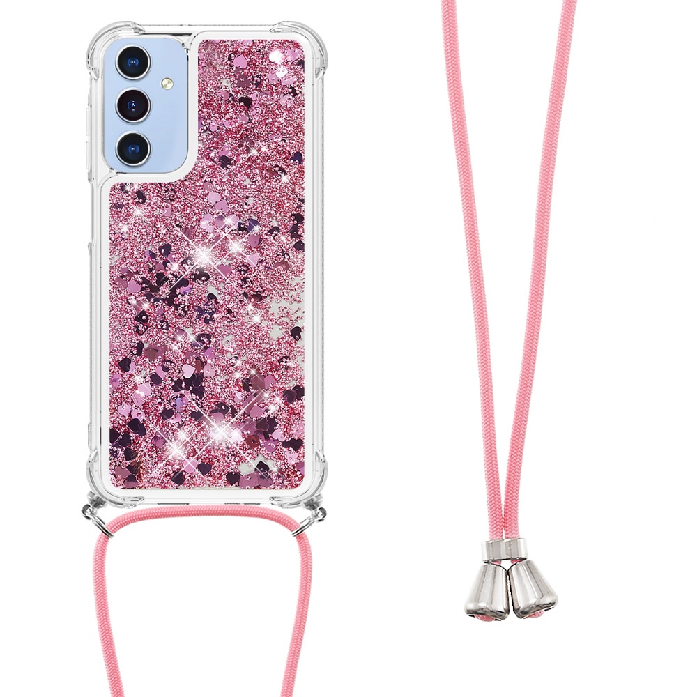 Glitters presýpací gélový obal so šnúrkou na Samsung Galaxy A17 5G - ružovozlatý/srdiečka