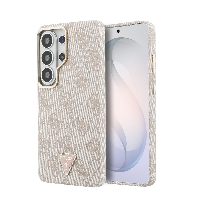 Guess PU kožený 4G Strass Triangle Triangle Logo Gold Frame Magnetický zadný kryt pre Samsung Galaxy S26 Ultra Pink