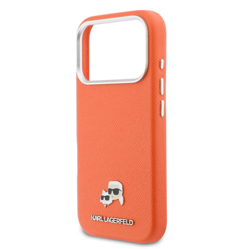 Karl Lagerfeld PU Karl and Choupette Heads Pins MagSafe zadný kryt pre iPhone 17 Pro Max Orange
