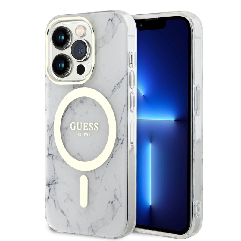 Guess IML Marble MagSafe Zadný Kryt pre iPhone 13 Pro White