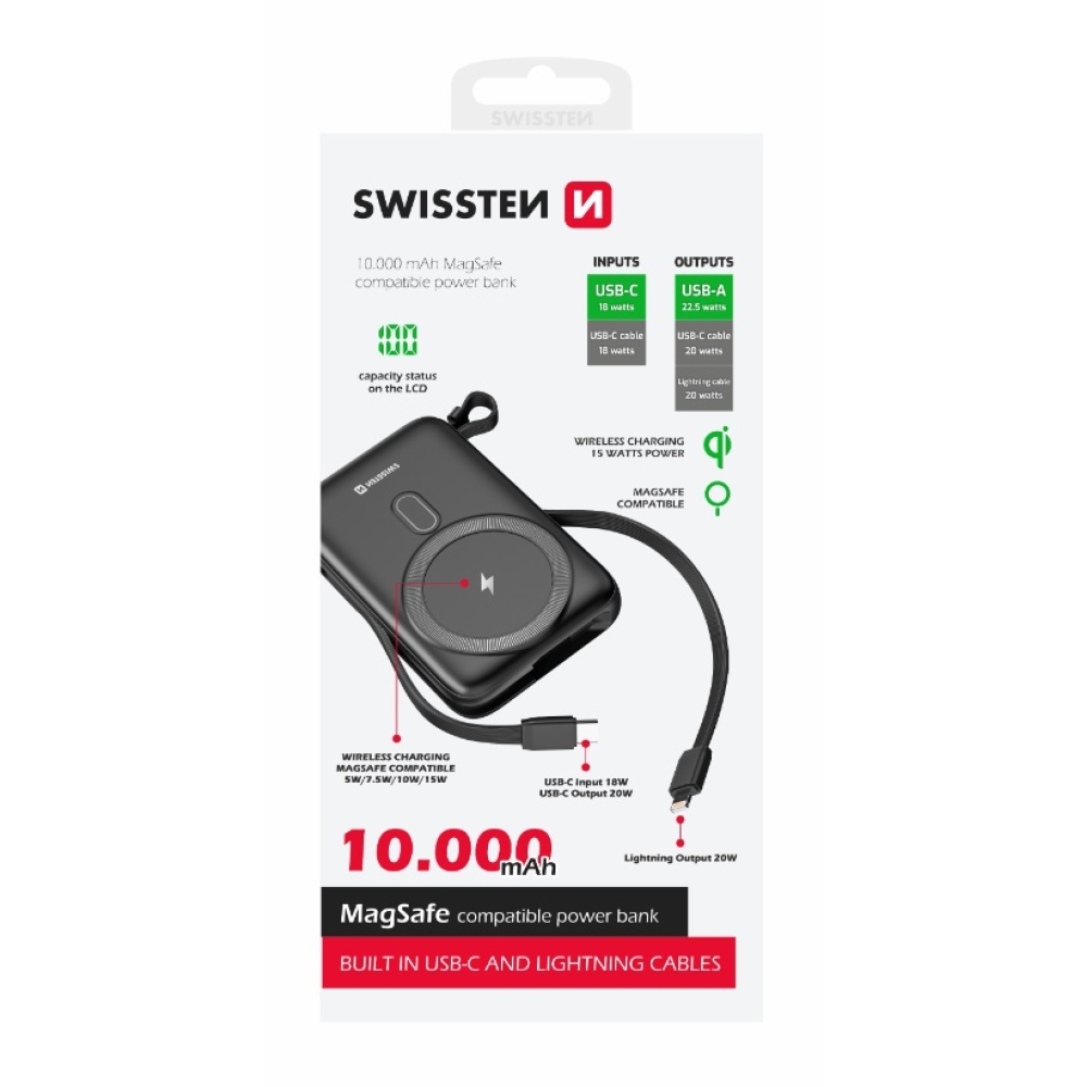 Swissten Powerbank PD 10000 mAh 20W s integrovanými káblami USB-C a lightning (kompatibilný s MagSafe)