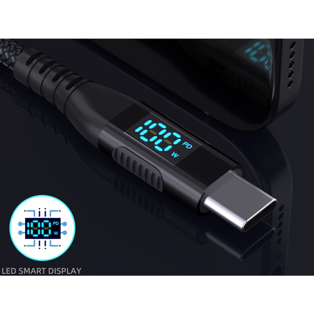 Nylonový kábel USB-C / USB-C s displejom 1m 100W - čierny