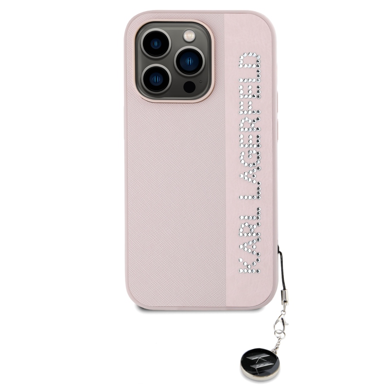 Karl Lagerfeld PU Saffiano Rhinestone Charm Zadný Kryt pre iPhone 14 Pro Pink