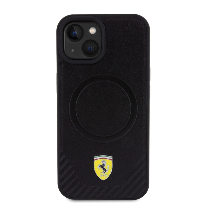 Ferrari PU Leather Bottom Carbon MagSafe Zadný Kryt pre iPhone 15 Plus Black