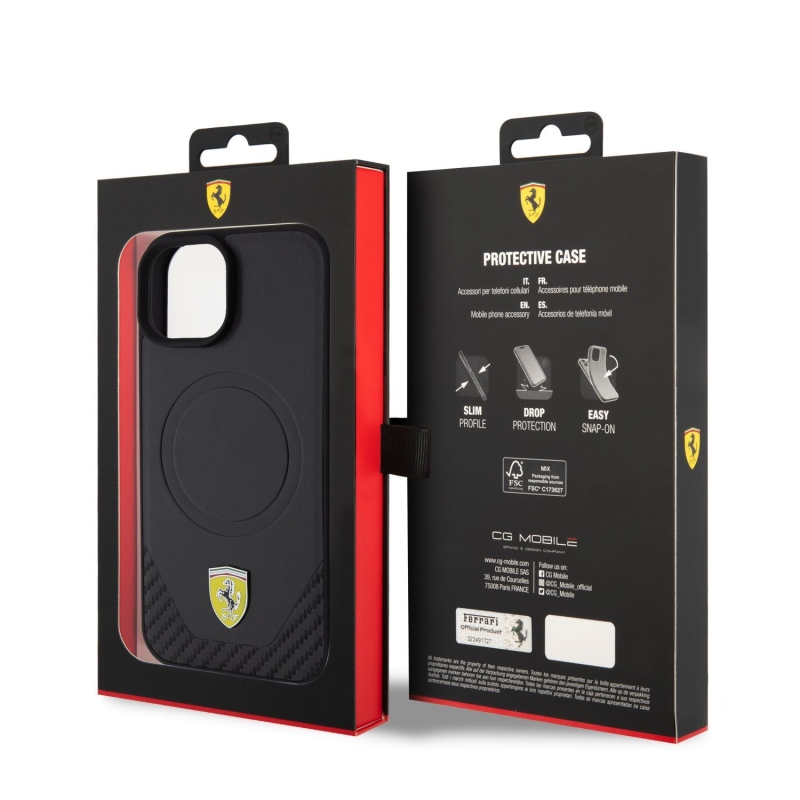 Ferrari PU Leather Bottom Carbon MagSafe Zadný Kryt pre iPhone 15 Plus Black