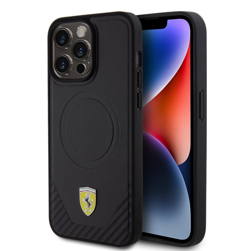 Ferrari PU Leather Bottom Carbon MagSafe Zadný Kryt pre iPhone 15 Pro Max Black