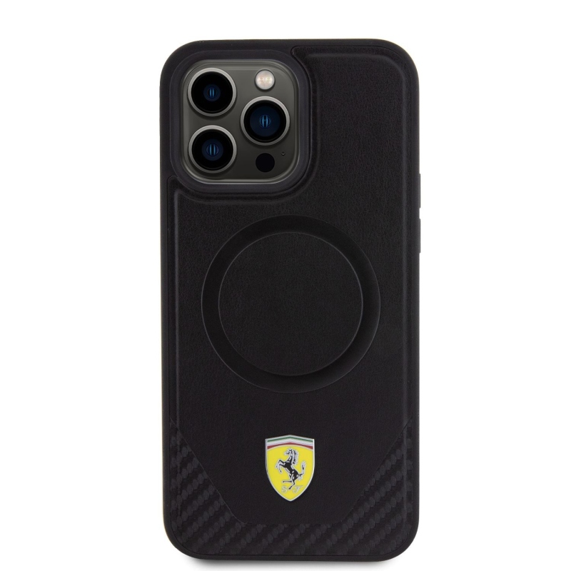 Ferrari PU Leather Bottom Carbon MagSafe Zadný Kryt pre iPhone 15 Pro Max Black