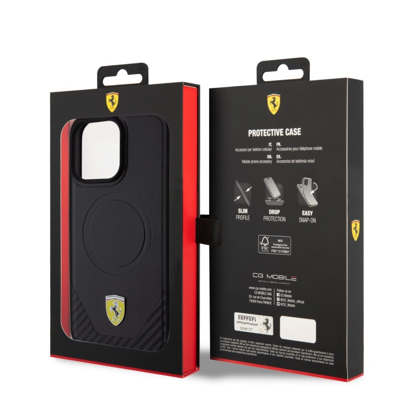 Ferrari PU Leather Bottom Carbon MagSafe Zadný Kryt pre iPhone 15 Pro Max Black