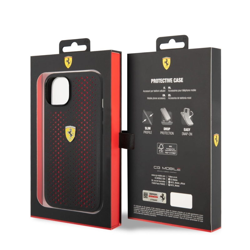 Ferrari PU Leather Perforated Zadný Kryt pre iPhone 14 Plus Red
