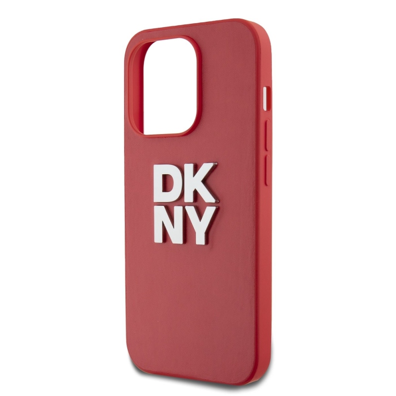 DKNY PU Leather Stack Logo Wrist Strap Zadný Kryt pre iPhone 14 Pro Red