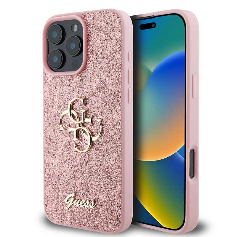 Guess PU Fixed Glitter 4G Metal Logo Zadný Kryt pre iPhone 16 Pro Pink