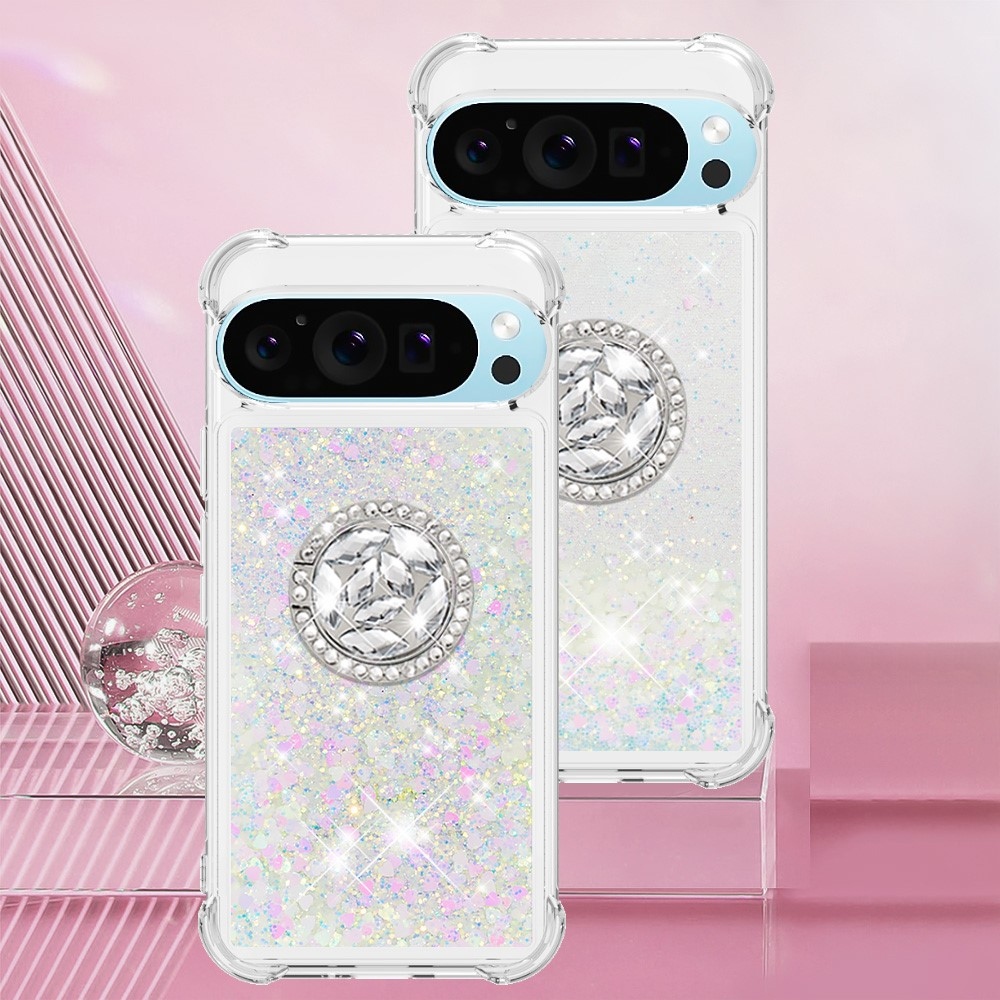 Glitt presýpací gélový obal s krúžkom na prst na Google Pixel 10 - ružovo strieborný/srdiečka