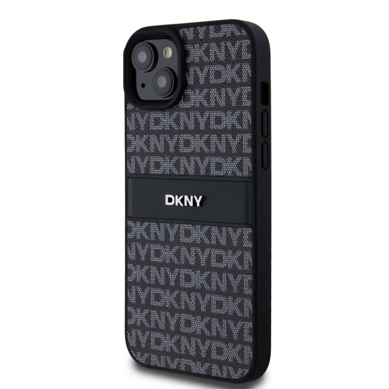 DKNY PU Leather Repeat Pattern Tonal Stripe Zadný Kryt pre iPhone 15 Plus Black