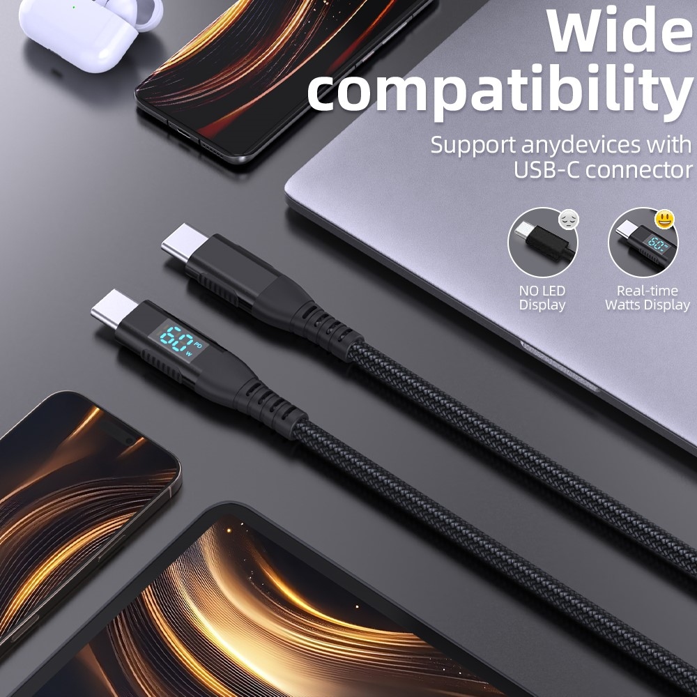Nylonový kábel USB-C / USB-C s displejom 3m 60W - čierny