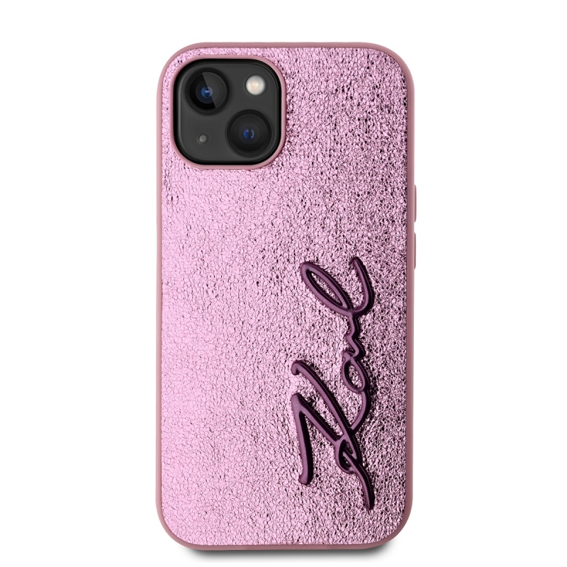 Karl Lagerfeld Wrinkled PU Signature Logo Zadný Kryt pre iPhone 15 Pink