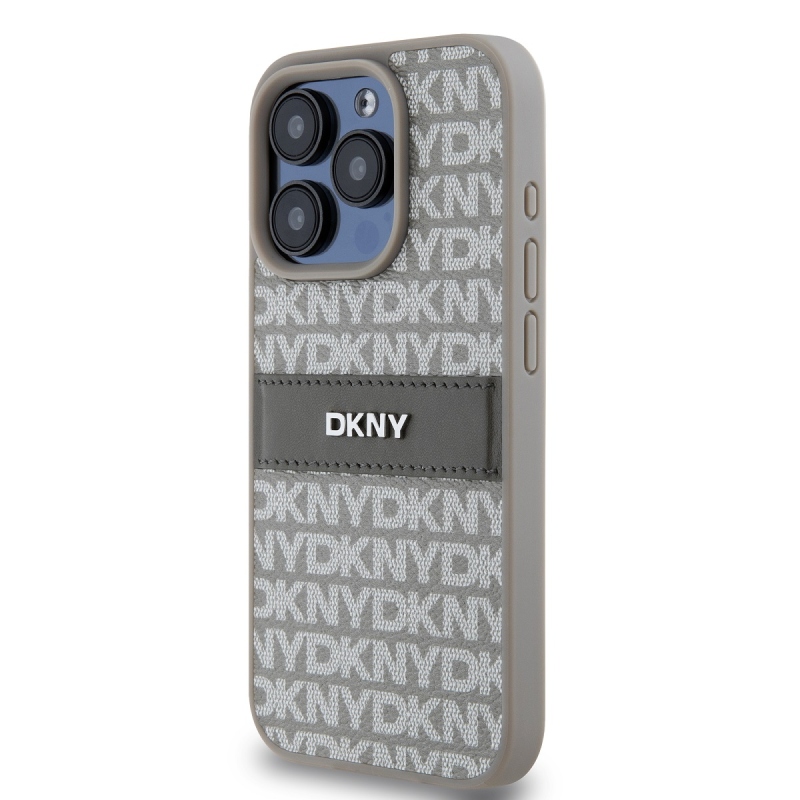 DKNY PU Leather Repeat Pattern Tonal Stripe Zadný Kryt pre iPhone 15 Pro Beige