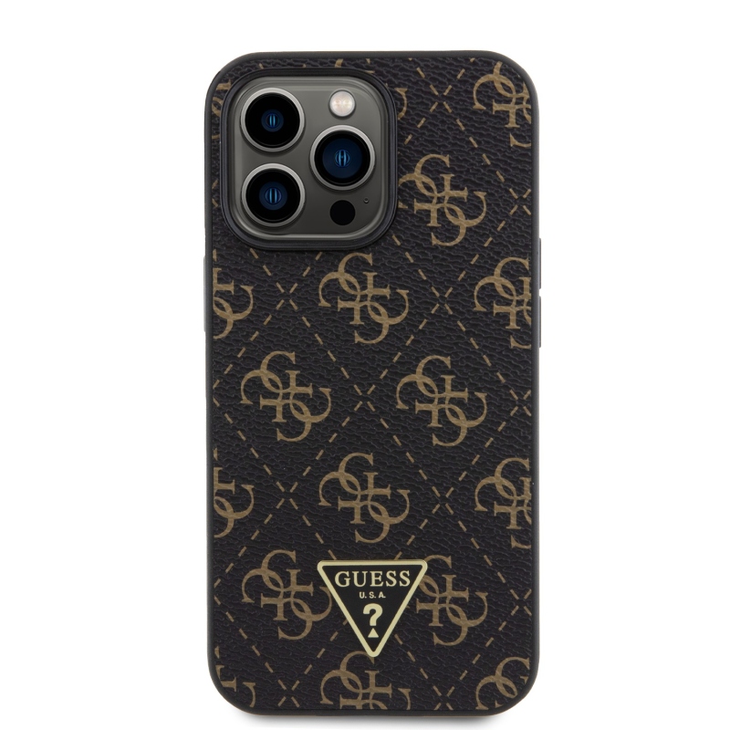 Guess PU Leather 4G Triangle Metal Logo Zadný Kryt pre iPhone 13 Pro Black