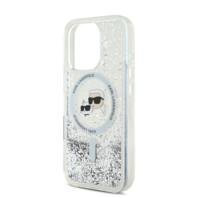 Karl Lagerfeld Liquid Glitter Karl and Choupette Heads MagSafe Zadný Kryt pre iPhone 16 Pro Transparent