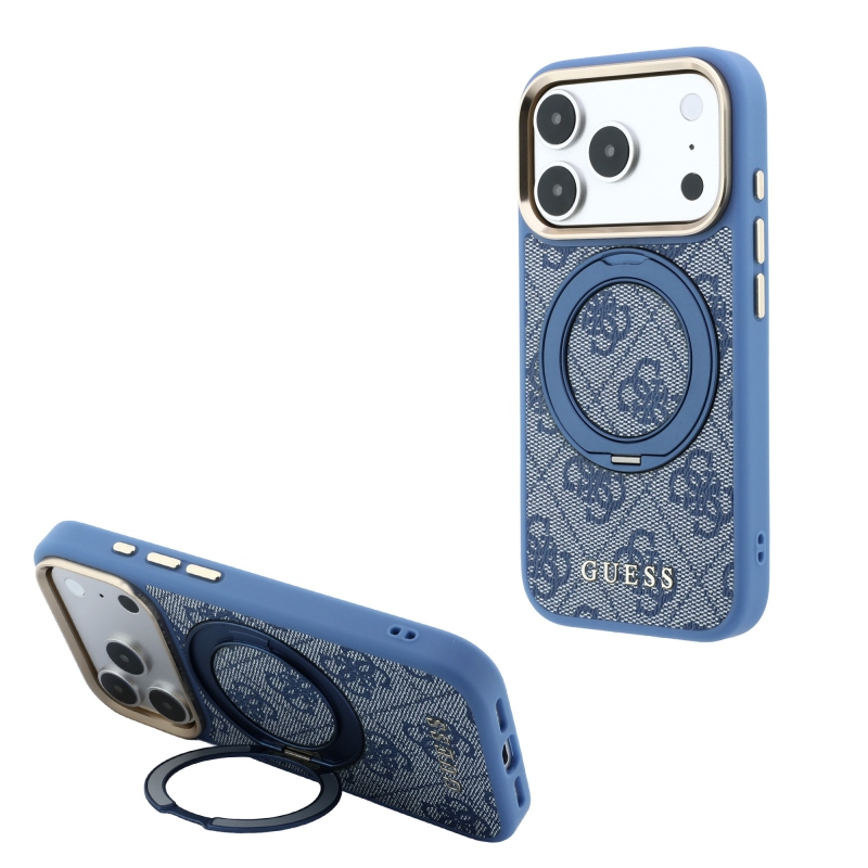 Guess PU 4G Ring Stand MagSafe zadný kryt pre iPhone 18 Pro, modrý