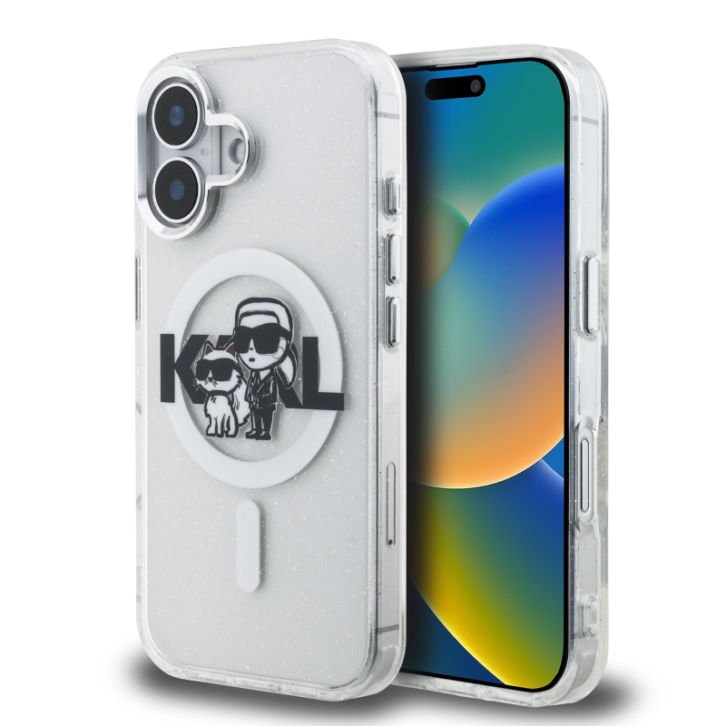 Karl Lagerfeld IML Glitter Karl and Choupette Sketch MagSafe Zadný Kryt pre iPhone 16 Transparent