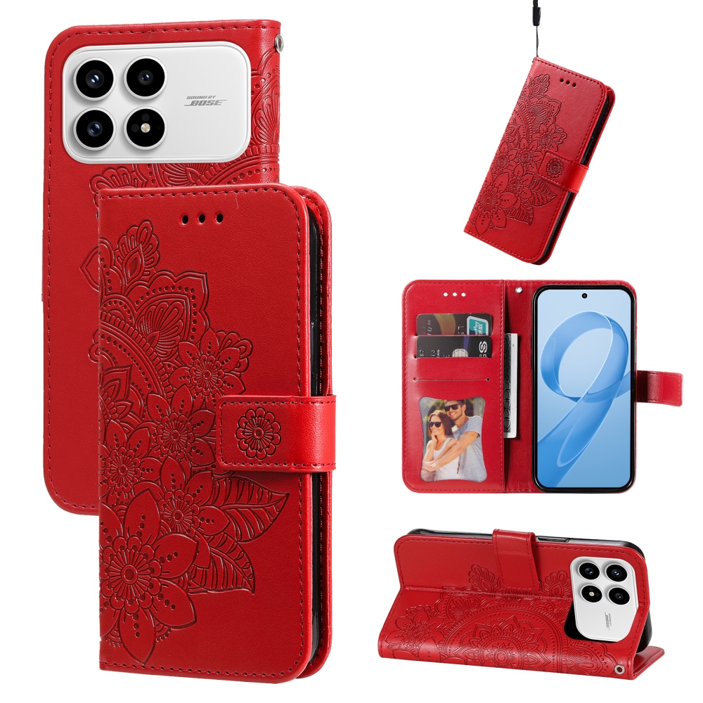 Floral knižkové púzdro na Xiaomi Poco F8 Pro 5G - červené