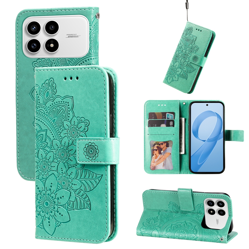 Floral knižkové púzdro na Xiaomi Poco F8 Pro 5G - modrozelené