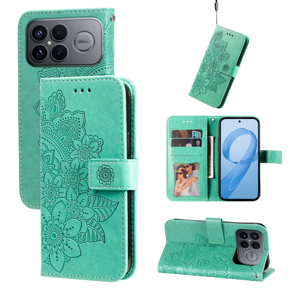 Floral knižkové púzdro na Xiaomi Poco F8 Ultra 5G - modrozelené