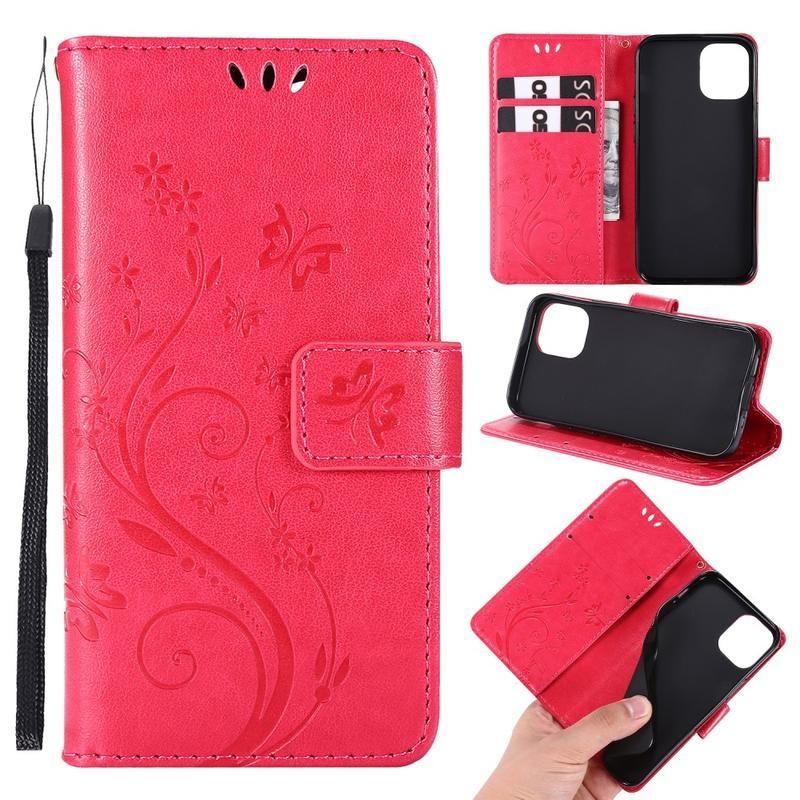 Flower PU kožené peněženkové puzdro na mobil iPhone 12 mini - červené