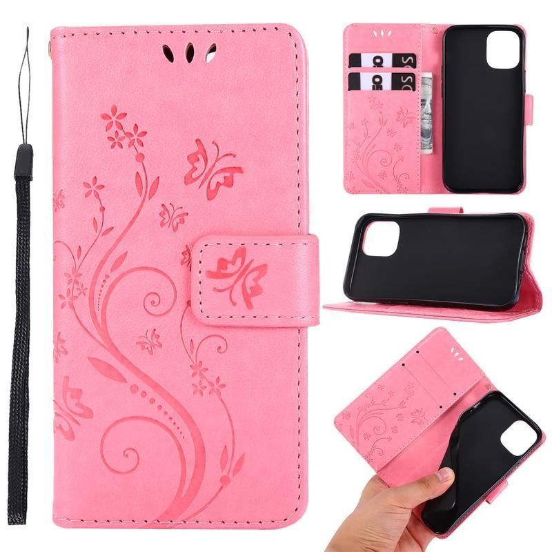 Flower PU kožené peněženkové puzdro na mobil iPhone 12 mini - ružové