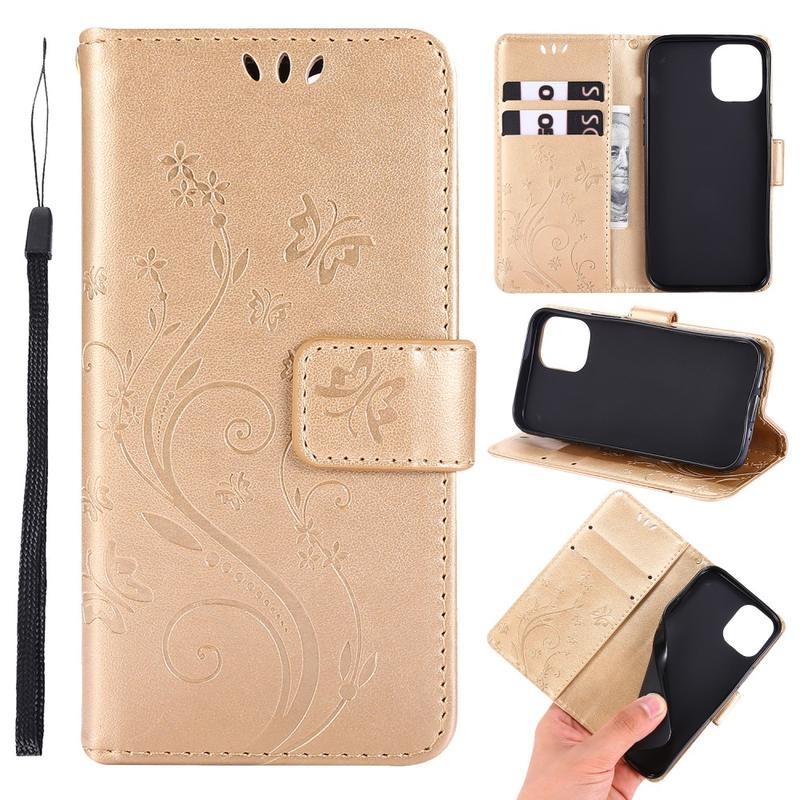 Flower PU kožené peněženkové puzdro na mobil iPhone 12 mini - zlaté