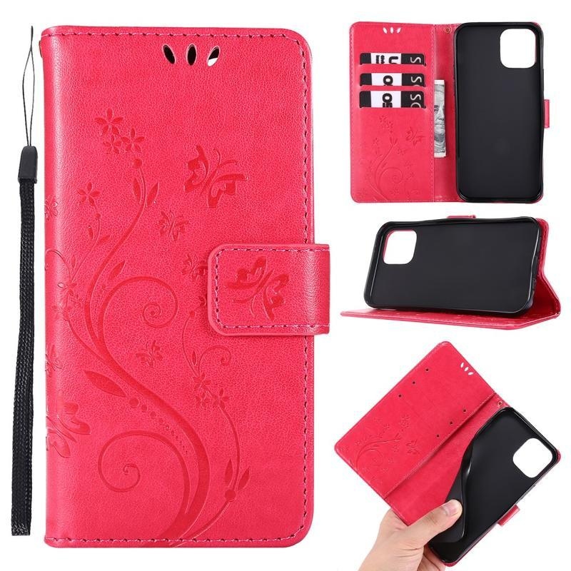 Flower PU kožené peněženkové puzdro na mobil iPhone 12 Pro / 12 - červené