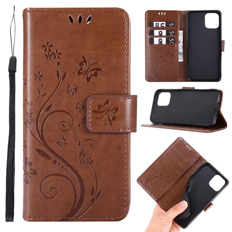 Flower PU kožené peněženkové puzdro na mobil iPhone 12 Pro / 12 - hnedé