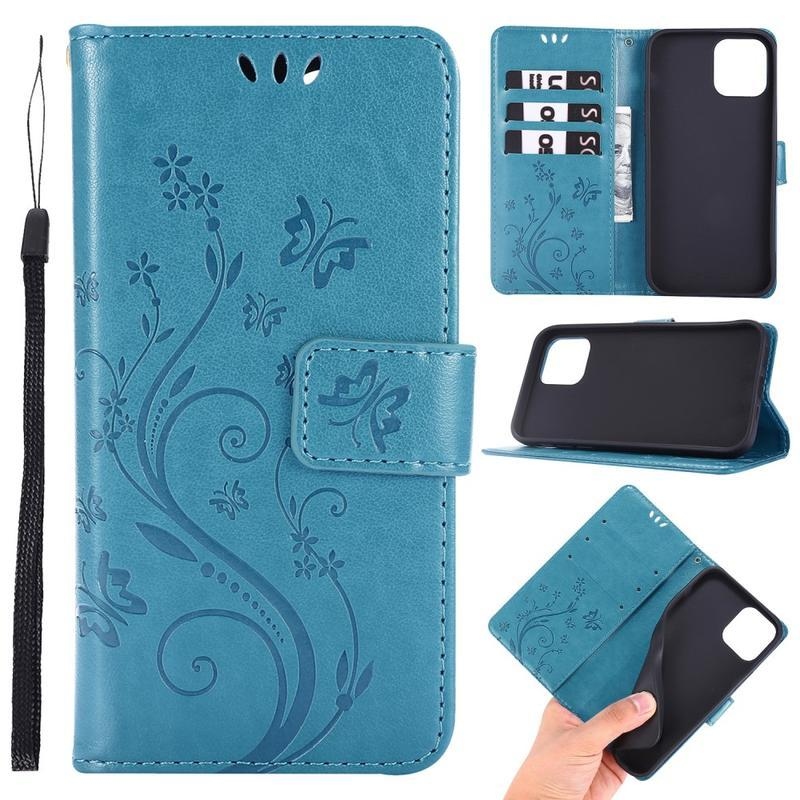 Flower PU kožené peněženkové puzdro na mobil iPhone 12 Pro / 12 - modré