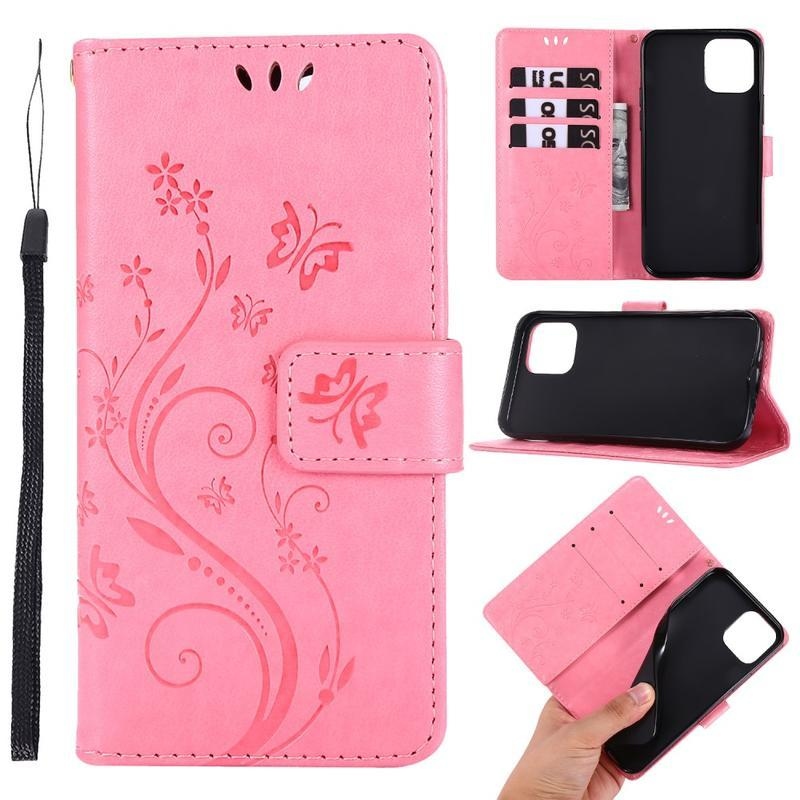 Flower PU kožené peněženkové puzdro na mobil iPhone 12 Pro / 12 - ružové