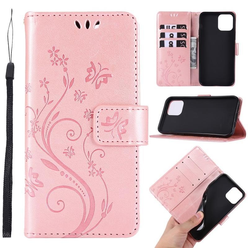 Flower PU kožené peněženkové puzdro na mobil iPhone 12 Pro / 12 - růžovozlaté