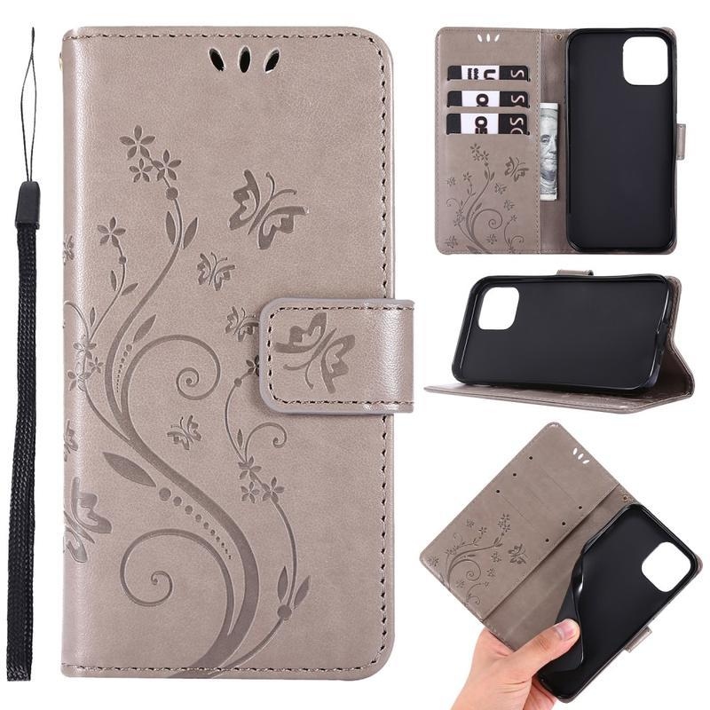 Flower PU kožené peněženkové puzdro na mobil iPhone 12 Pro / 12 - šedé